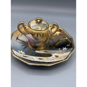 Vtg Hand‎ Painted Japanese Porcelain Sugar Bowl Handled Saucer Set Gold Bamboo